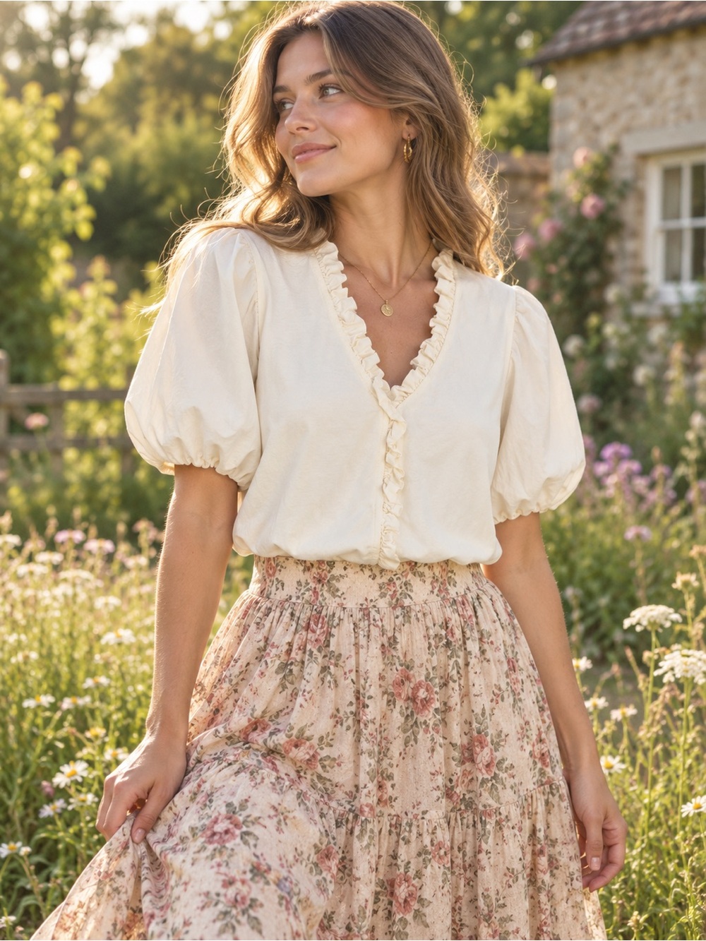 Cottagecore Ivory Ruffle Puff Sleeve Blouse Small